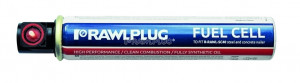 A Rawlplug fuel cell canister for use with steel and concrete nailers, featuring a red and black nozzle and labeled with product information on a blue and white background.