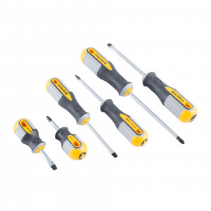 Five screwdrivers with black and yellow handles are arranged on a white background. There are both flathead and Phillips head screwdrivers of varying sizes.,