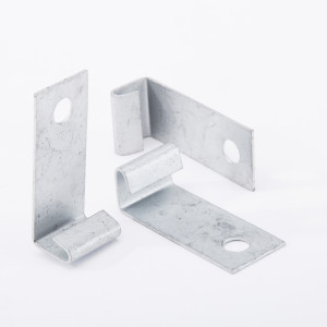 Two metal L-shaped brackets with holes near the ends and curled edges, positioned upright on a white background.