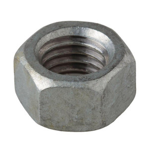 A galvanised hex nut with an internally threaded profile, for use with a matching bolt or threaded rod.