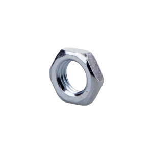 A bright zinc plated hex nut with an internally threaded profile, for use with a matching bolt or threaded rod.