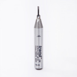 A close-up of a metal router bit with trend and technical specifications printed on its cylindrical body, standing upright on a white background.