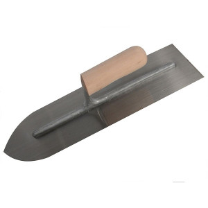 A trowel with a polished steel blade and an ergonomic handle, for applying and finishing mortar, plaster, and adhesive.