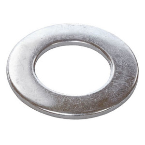 A steel flat washer with a central hole, used to distribute the load of a bolt or screw head across a surface.