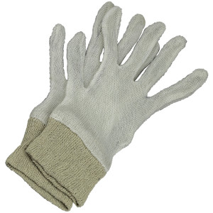 A pair of white work gloves with a textured grip palm and adjustable wrist closure, designed for general site use.