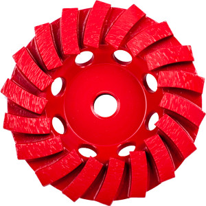 A red, circular, segmented grinding wheel with angled grooves and holes around the center, viewed from above on a white background.