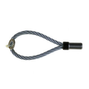 A steel cable with a loop on one end and a threaded metal fitting on the other, commonly used for securing or lifting heavy objects.