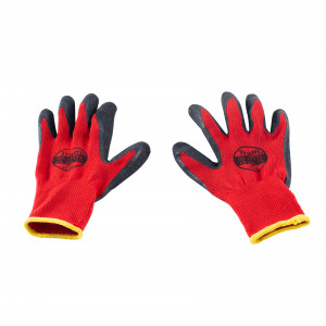A pair of red and black work gloves with yellow cuffs, displayed on a white background. The gloves have “Traffi” branding printed on the back.