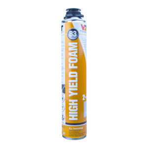 A tall, cylindrical canister labeled HIGH YIELD FOAM B3 with an orange and white design, black cap, and safety icons, used for dispensing expanding foam sealant.