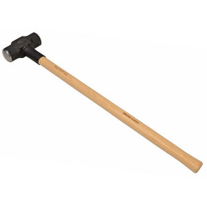 A sledgehammer with a heavy steel head and a long wooden handle, for heavy demolition, driving stakes, and breaking up masonry.