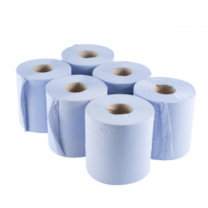 Six large blue rolls of paper towels arranged in two rows on a white background.,