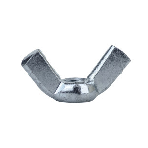 A steel wing nut with two projecting wings for hand-tightening without tools.,