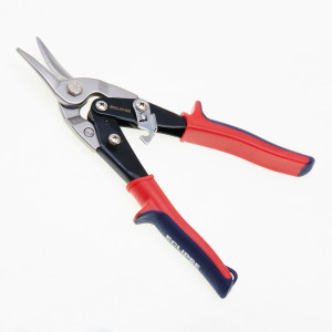 A pair of compound-action tin snips with serrated blades and colour-coded handles indicating the cutting direction.,