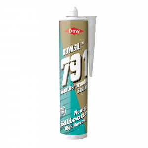 A  cartridge of white silicone sealant with a flexible cured finish, for sealing joints around kitchens, bathrooms, and windows.