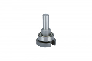 A metal bearing assembly with a cylindrical shaft and a partial cross-sectional cutout, revealing the inner ball bearing components, set against a white background.