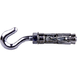 A bright zinc plated shield anchor with a pressed hookbolt, an expansion sleeve, and a hex nut, used for hanging and suspending loads from concrete.