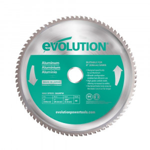 A silver circular saw blade labeled evolution with details in green and white, including specifications for cutting aluminum, a max speed of 3000 RPM, 80 teeth, and the website evolutionpowertools.com.