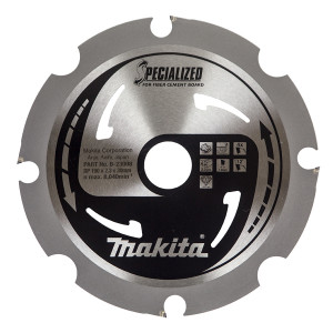 Circular saw blade with six teeth, labeled Makita and Specialized for Fiber Cement Board, featuring various specifications and safety icons around the center. The blade has a metallic finish with black and silver details.