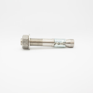 A metal expansion bolt with a hex nut and washer, lying horizontally on a white background.