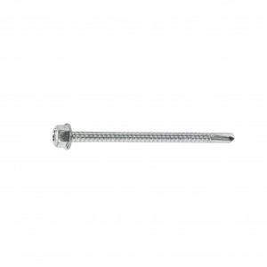 A single silver hex head self-tapping screw with a threaded shaft and pointed tip, isolated on a white background.