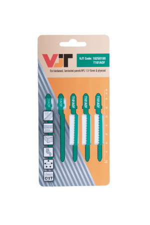A pack of five green VJT jigsaw blades in clear packaging, labeled for use on hardwood, laminated panels, HPL, and plywood. The package displays brand details, product code, and blade icons.