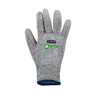 A pair of work gloves with cut-level 5 protection, a textured grip palm, and an elasticated cuff for a secure fit.