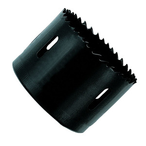 A bi-metal 14mm hole saw with hardened teeth and a centre drill-bit pilot, for cutting large-diameter holes in timber, metal, and plastic.