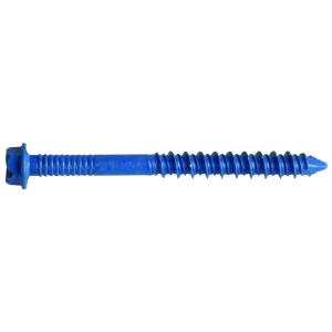 A single blue concrete screw with a hex head and sharp pointed tip, designed for heavy-duty fastening in masonry or concrete surfaces, shown on a white background.