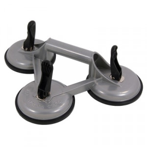 A triple suction cup lifter with three circular suction pads connected by a gray handle and three black levers for securing the suction.,