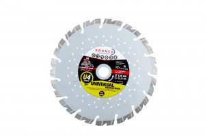 A circular industrial saw blade with a segmented edge and central label showing the brand “Dronco,” specifications, and “Universal” for use with multiple materials.