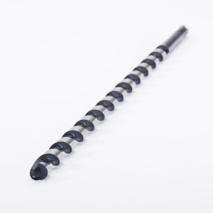 A close-up of a long, black, spiral drill bit designed for boring holes, placed on a white background with the tip facing the camera.
