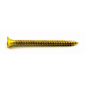 A brass countersunk head screw with a threaded shaft and sharp point, for general-purpose fastening applications.