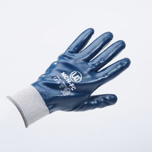 A blue protective work glove with a white cuff is shown against a plain light background. The glove has white printed text and symbols on the back.,