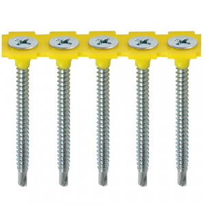 Five silver screws are aligned vertically, connected at their heads by a yellow plastic strip. Each screw has a Phillips head and a pointed tip.