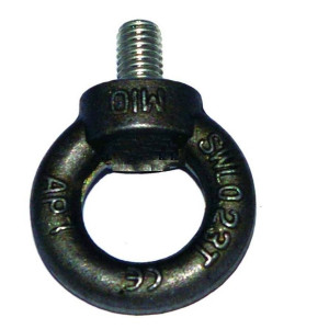 A steel eyebolt with a circular lifting ring and threaded shank, used for attaching ropes, cables, and chains.