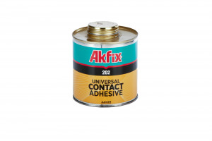 A metal can of Akfix 202 Universal Contact Adhesive with a gold screw cap, teal and gold label, and bold red and black text on a white background.