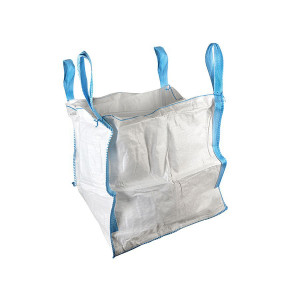 A large white woven polypropylene bulk bag with blue lifting handles at each corner, designed for carrying and storing heavy materials. The bag stands upright and appears empty.