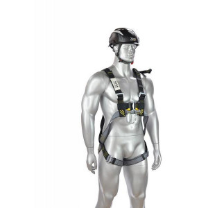 A fall-arrest safety harness or lanyard with energy-absorbing components, for working at height in compliance with safety regulations.
