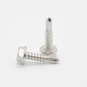 Two silver-colored self-tapping screws are shown on a white background; one screw is lying horizontally while the other stands upright, both featuring hexagonal heads and pointed, drill-like tips.