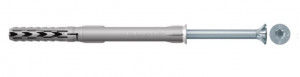 A plastic wall plug and metal screw with a countersunk head, shown aligned in a horizontal position on a white background.