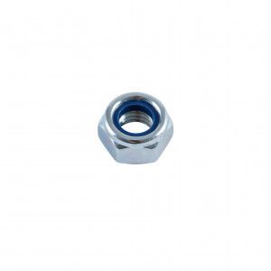 A single metal hex nut with a blue nylon insert, placed on a plain white background.