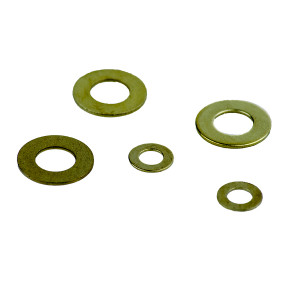 A brass flat washer with a central hole, used to distribute the load of a bolt or screw head across a surface.