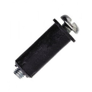 A black, cylindrical metal furniture connector bolt with a Phillips screw head on one end and a threaded hole on the other end.
