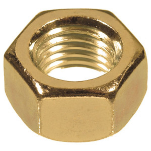 A brass hex nut with an internally threaded profile, for use with a matching bolt or threaded rod.