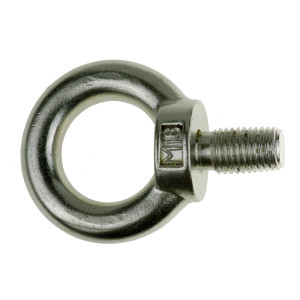 A stainless steel eyebolt with a circular lifting ring and threaded shank, used for attaching ropes, cables, and chains.