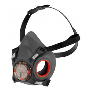 A gray and black half-face respirator mask with adjustable straps and a round filter attachment point, designed for respiratory protection.