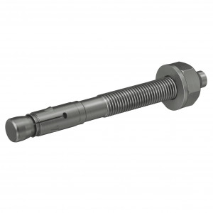 A metal expansion bolt with a threaded shaft, hexagonal nut, and collar, typically used for securing objects to concrete or masonry surfaces.