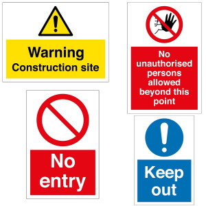 A site safety sign with bold text and pictograms, for displaying regulations, warnings, and instructions on construction sites.