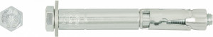 A metal safety-tested expansion anchor with a loose bolt, hex nut, and washer, designed for critical fixings in concrete.