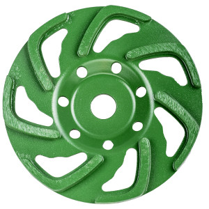 A green circular metal grinding or cutting disc with curved slots and a central hole, designed for use with power tools. The disc has a textured finish and features multiple openings along the edge.
